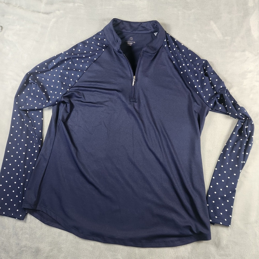Emerald 18 1/4 Zip UPF 50 Golf Top Shirt Navy Blue Polka Dots Long Sleeve Sz L